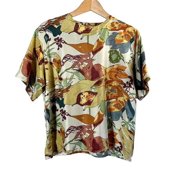 VINTAGE OSCAR DE LA RENTA Silk Fall Harvest Leaf Allover Print Short Sleeve Top - Picture 2 of 11
